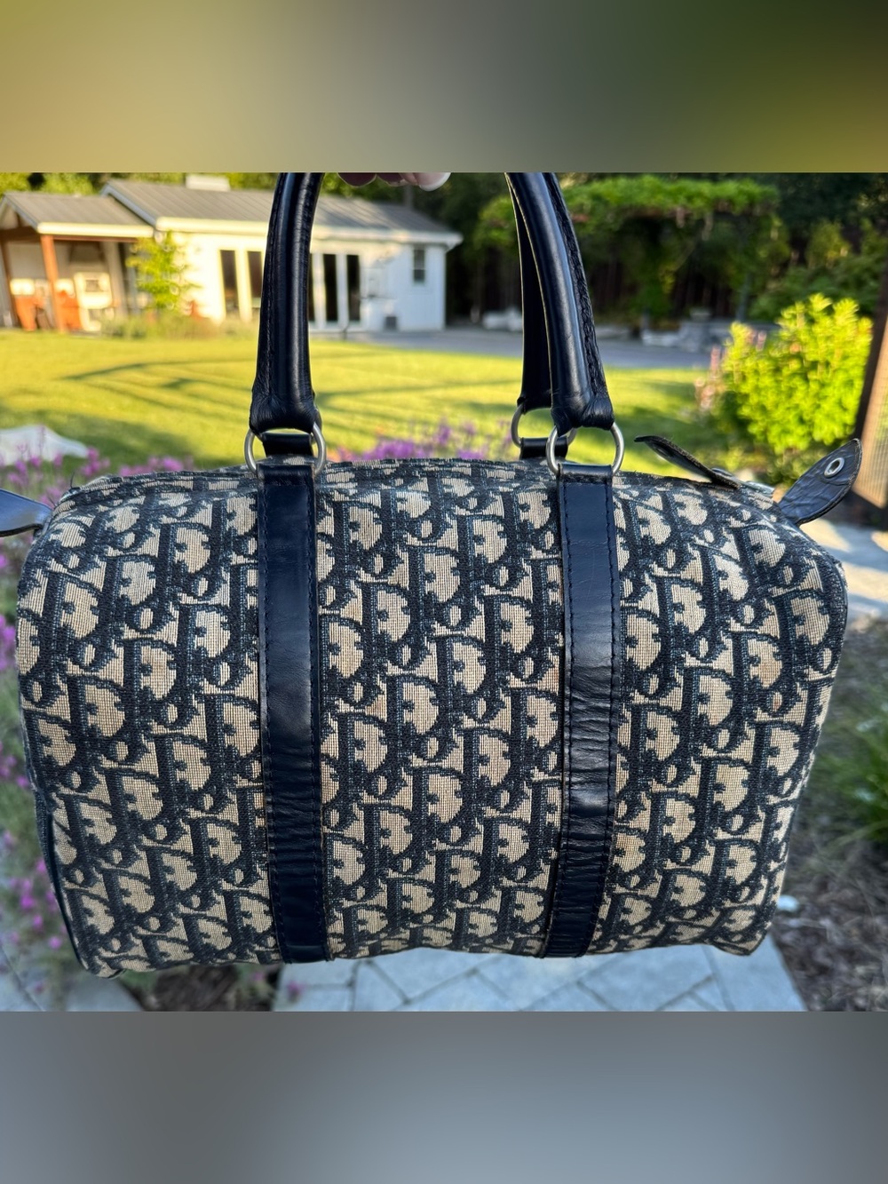 DIOR Vintage Trotter Boston Bag 30cm Navy Jacquard Canvas Navy Leather - Picture 15 of 16